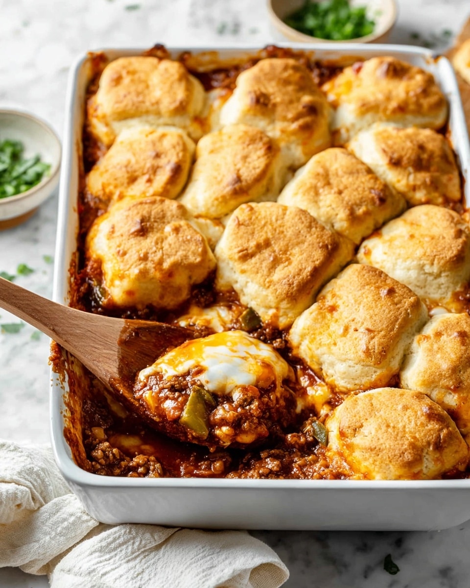 A rectangular white baking dish filled with a layered casserole where the bottom layer is a thick, chunky brown meat sauce with visible bits of ground meat and a rich, slightly oily texture, topped with melted yellow and white cheese that is slightly browned at the edges. The top layer consists of 16 golden-brown biscuit pieces, cut into triangles, arranged close together covering the entire surface. One woman's hand holding a wooden spoon is lifting a biscuit revealing more of the meat sauce underneath. The dish is set on a white marbled surface with a soft white cloth visible in the corner. photo taken with an iphone --ar 4:5 --v 7