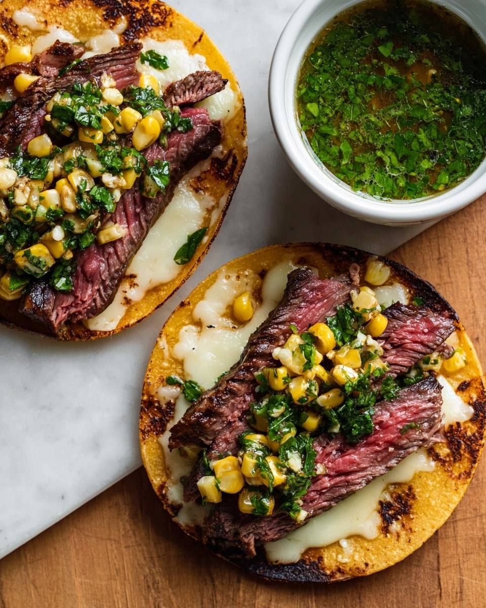 The image shows two small tacos on a white marbled surface, each with three main layers. The base layer is a slightly crispy, golden-brown corn tortilla. On top is a melted, white cheese layer with some brown spots where it is toasted. Next, there are thick slices of grilled medium-rare steak, showing a pink center and browned edges, laid lengthwise across the tortillas. Scattered on one side of the steak are bright yellow corn kernels, and fresh chopped green herbs are sprinkled over everything. To the side is a white bowl filled with a green herb sauce in oil. Photo taken with an iphone --ar 4:5 --v 7
