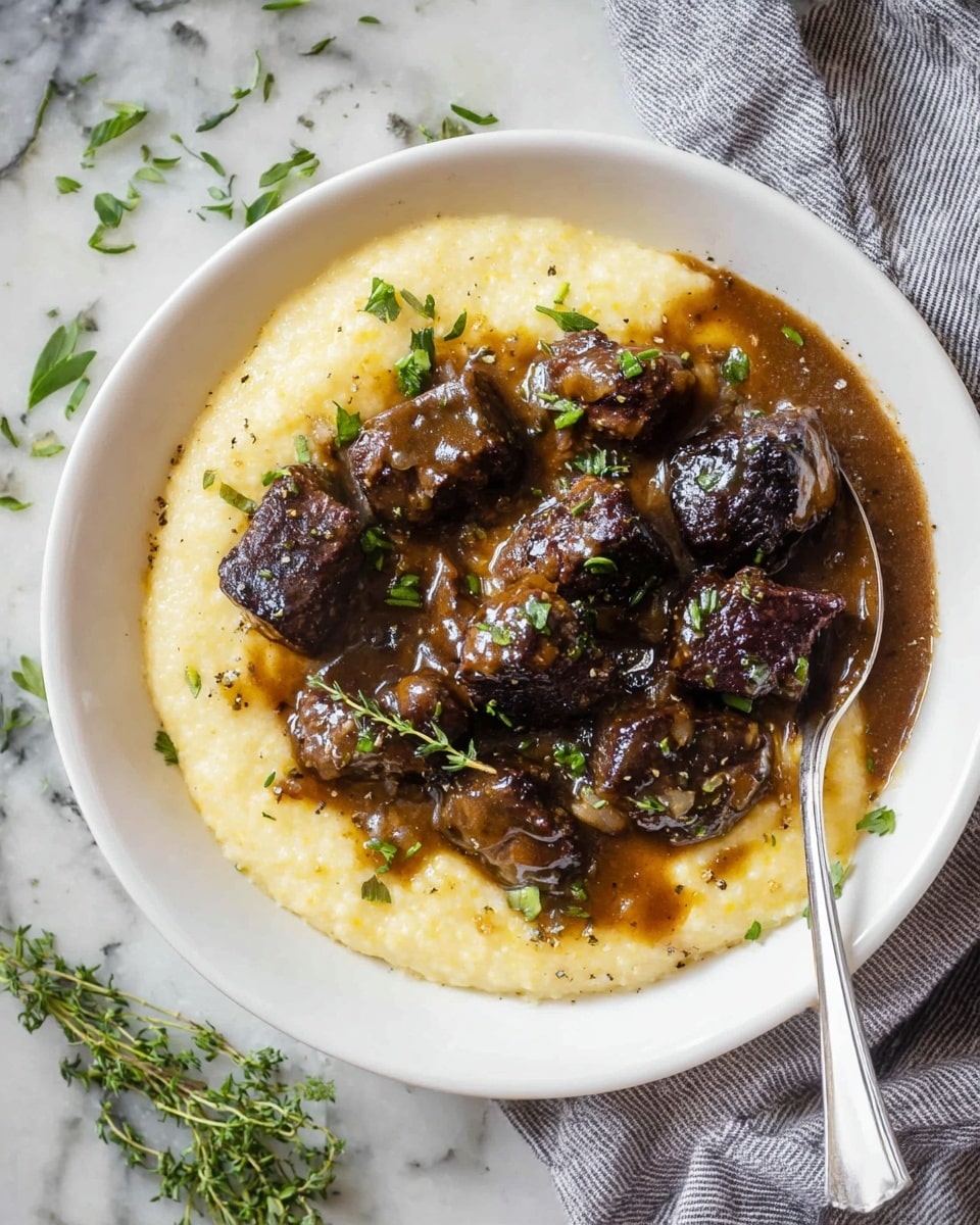 The image shows a white bowl filled with a creamy, smooth layer of pale yellow mashed potatoes. On top of the mashed potatoes, there is a rich, brown beef stew sauce with tender, dark brown beef chunks scattered evenly. Small green herb bits are sprinkled across the beef and sauce, adding a fresh touch. A silver spoon is placed inside the bowl on the left side, resting gently on the mashed potatoes. The bowl sits on a white marbled surface with some fresh green herbs nearby, creating a fresh and clean background. Photo taken with an iphone --ar 4:5 --v 7