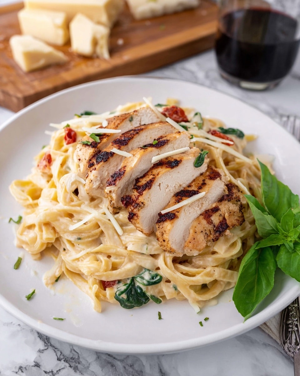 A cast iron pan holds a creamy pasta dish with one layer of thick fettuccine noodles coated in a smooth, white sauce. On top, there is a single row of six slices of grilled chicken breast, each showing slightly browned edges and seasoned with black pepper. Scattered around and on the chicken are small pieces of red sun-dried tomatoes and green basil leaves, adding color contrast. The dish is placed on a white marbled surface with a black and white striped cloth and a wooden spoon nearby. Photo taken with an iphone --ar 4:5 --v 7