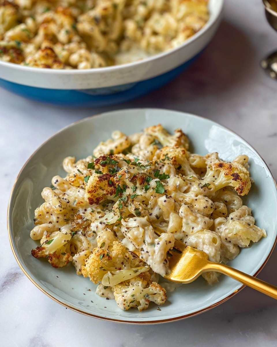 A white deep plate with a light blue rim holds a creamy macaroni dish mixed with browned cauliflower pieces and sprinkled with fresh green herbs. The pasta is covered in a thick white-beige sauce with visible specks of black pepper and small roasted onion chunks. The cauliflower is roasted to a golden brown, adding a crunchy texture that contrasts with the smooth sauce. A gold fork is stuck into the pasta near the edge of the plate. In the background, a large white bowl with a blue outer surface holds more of the same dish, all placed on a white marbled surface. Photo taken with an iphone --ar 4:5 --v 7