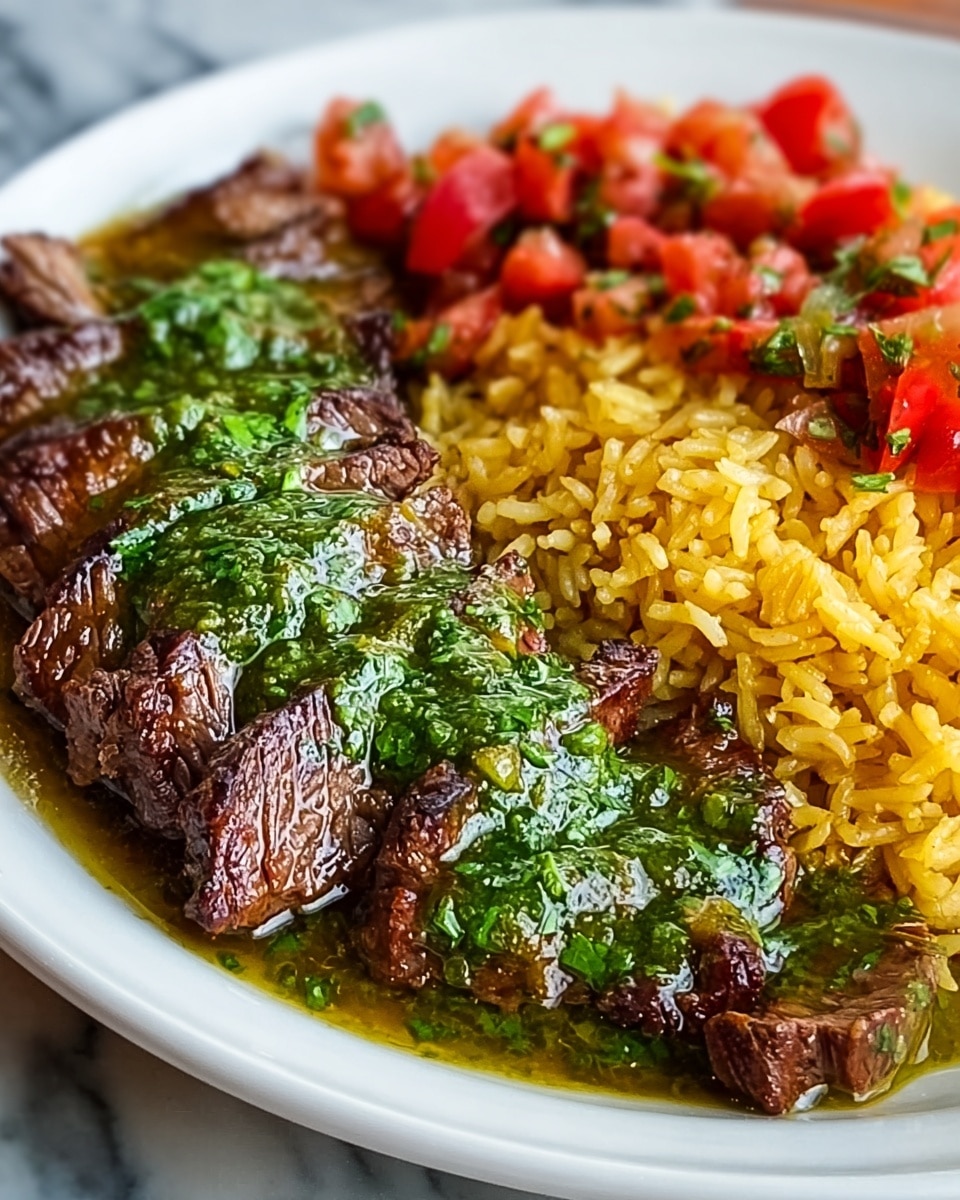 The dish features a white plate filled with three main parts: on the left side, there are thick, juicy slices of brown grilled steak fanned out, topped with a generous layer of glossy green sauce with visible herbs. To the right of the steak is a mound of yellow rice mixed with small red tomato pieces, adding a pop of bright color. Behind the rice, there are more diced red tomatoes with bits of green herbs, giving the dish more freshness. The plate sits on a white marbled surface. Photo taken with an iphone --ar 4:5 --v 7
