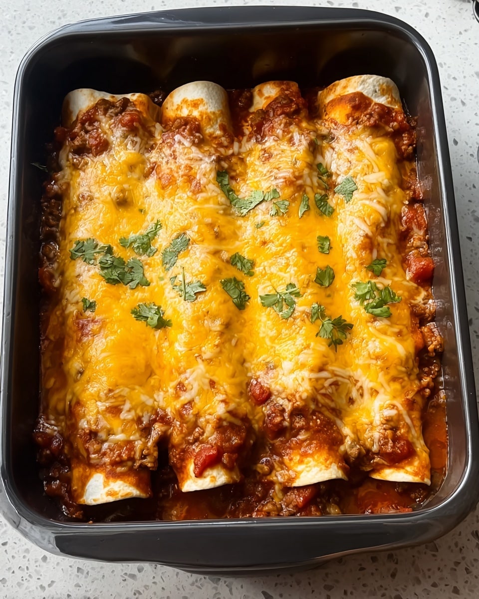 A black rectangular baking dish holds five rolled tortillas placed side by side, filling the dish. Each tortilla is softly browned and covered with a thick layer of melted orange-yellow cheese that has patches of light brown from baking. Underneath the tortillas is a rich, thick red sauce mixed with ground meat, slightly bubbling at the edges and seeping between the tortillas. Small green cilantro leaves are sprinkled evenly over the melted cheese, adding a touch of fresh color to the warm tones of the dish. The dish sits on a white marbled surface. photo taken with an iphone --ar 4:5 --v 7