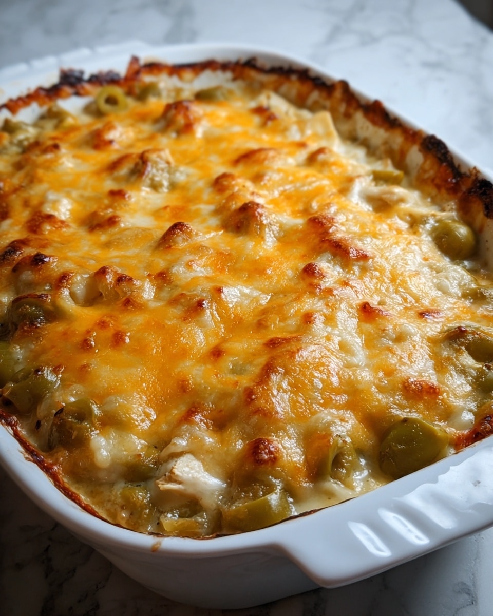 A white baking dish filled with a baked casserole that has three visible layers. The bottom layer shows chunks of green olives scattered evenly. Above the olives is a layer of creamy, slightly browned filling with pieces of white chicken mixed in. The top layer is melted cheese in golden yellow and light brown shades, bubbling and slightly crispy around the edges. The edges of the cheese have a darker, toasted look with some areas pulling away from the white dish. The dish sits on a white marbled surface. photo taken with an iphone --ar 4:5 --v 7