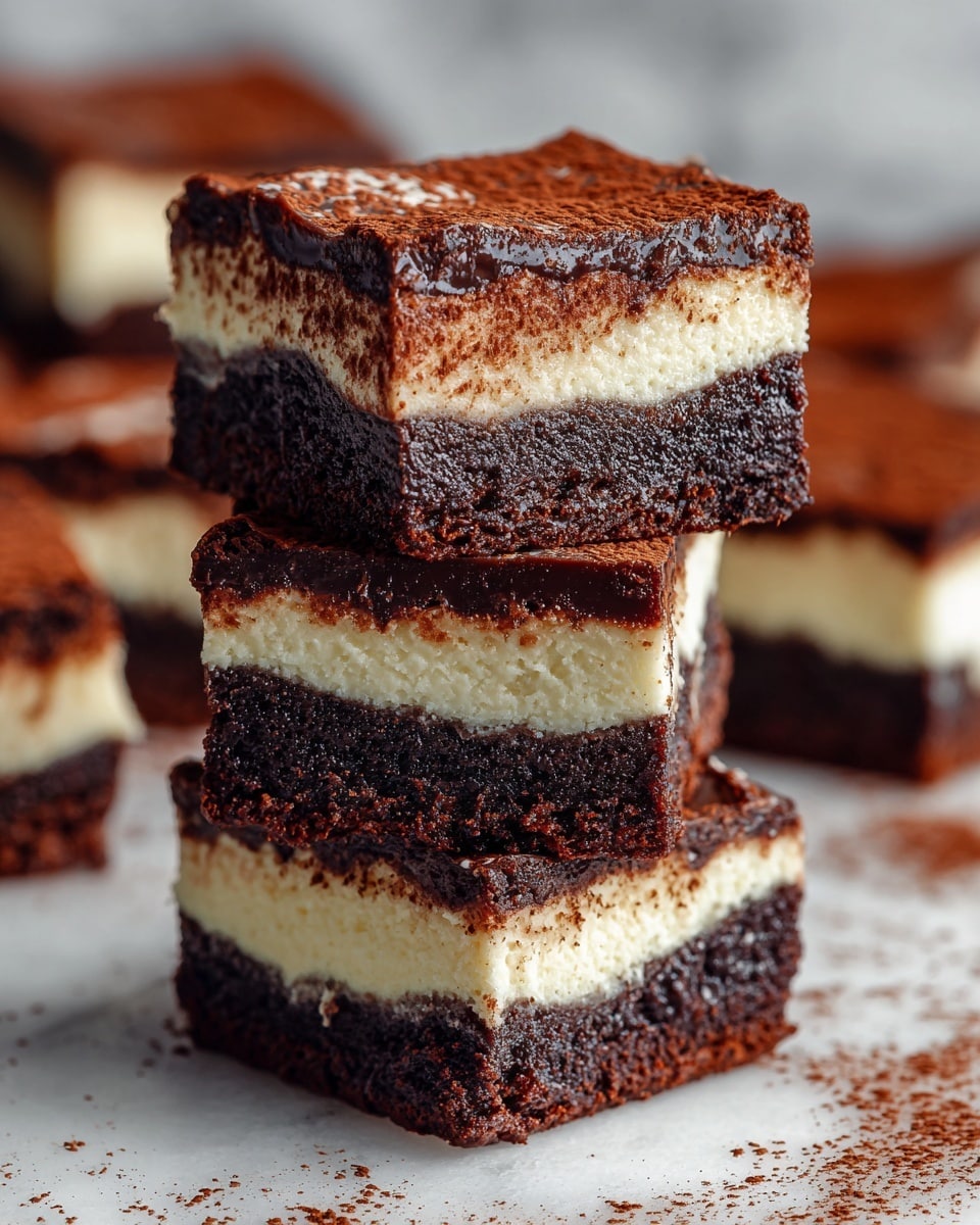 The image shows three stacked brownies with three distinct layers each: a dark, moist chocolate bottom layer, a thick creamy white middle layer, and a glossy dark chocolate top layer dusted lightly with cocoa powder. The brownies have square edges and a rich texture, with the middle layer slightly uneven in thickness, giving a soft and smooth contrast to the dense chocolate layers. The brownies rest on a white marbled surface, with a few cocoa powder sprinkles around, and blurred other brownies in the background. photo taken with an iphone --ar 4:5 --v 7