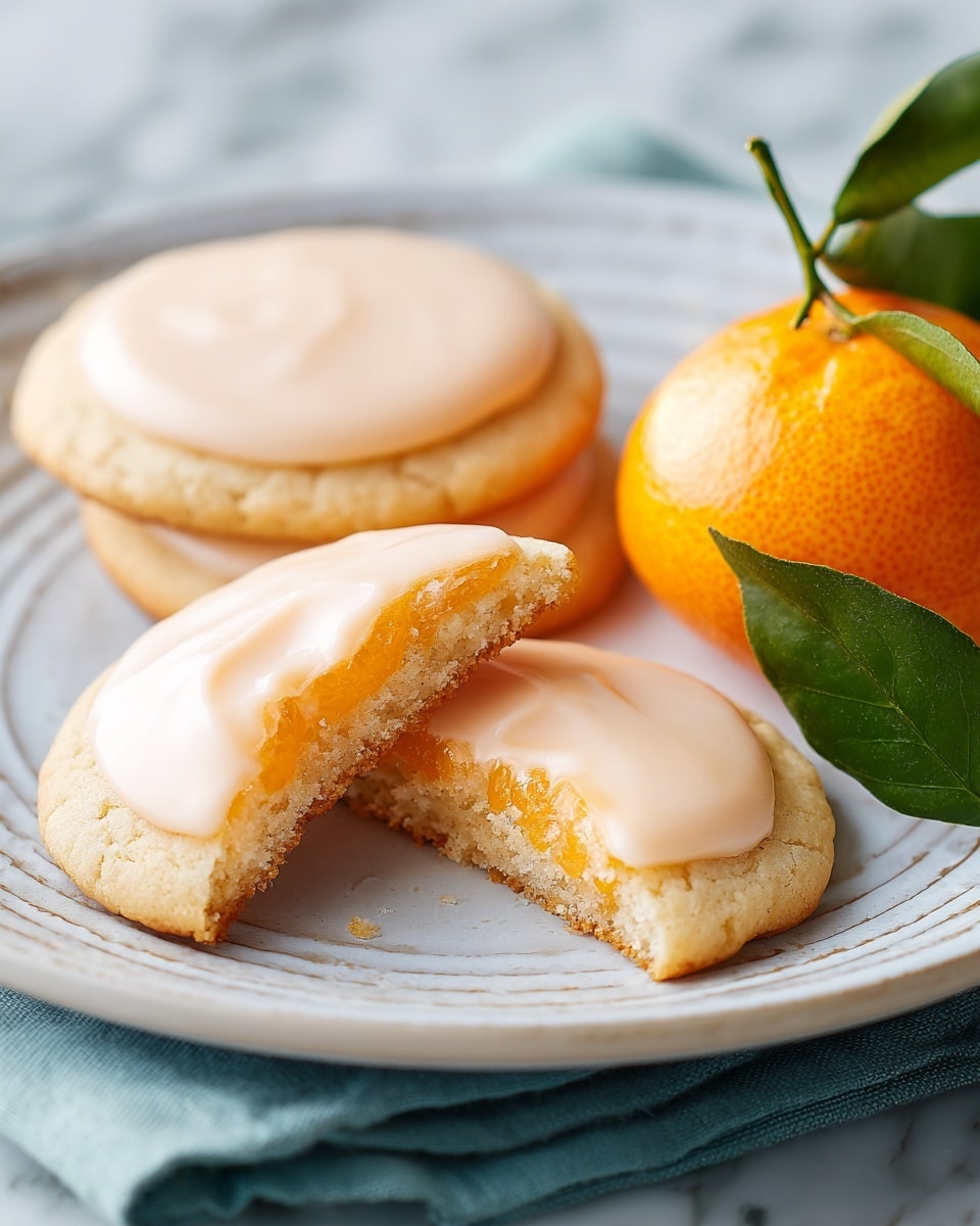 The image shows three soft, round cookies on a white plate with a light blue glaze. Each cookie has a thick layer of pale orange icing on top, with one cookie broken in half to reveal a moist, crumbly orange-colored inside. Behind the cookies, there is a whole orange with a green leaf attached, all placed on a white marbled background. photo taken with an iphone --ar 4:5 --v 7