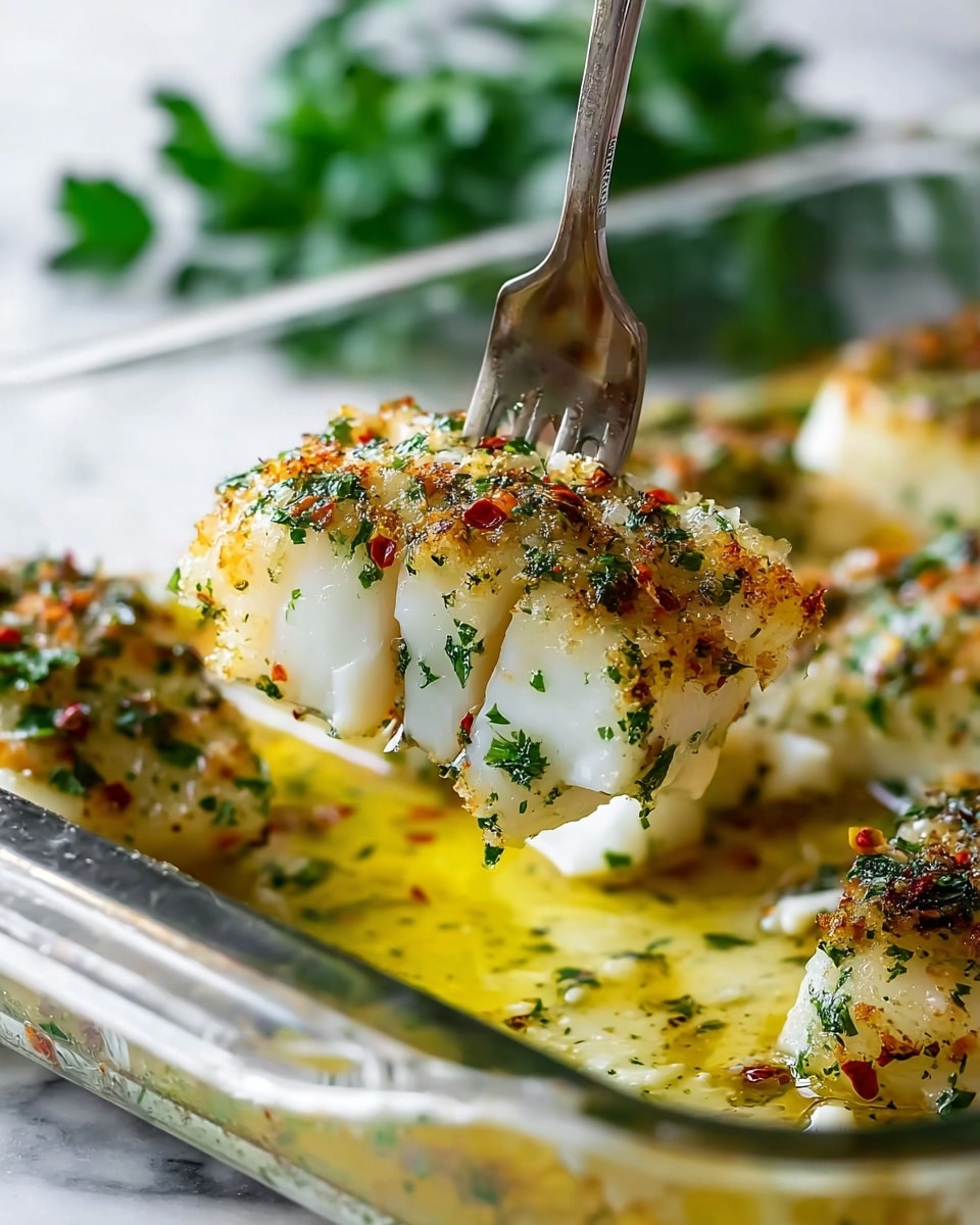 A glass baking dish holds six thick pieces of white fish, each topped with a mix of finely chopped green herbs, garlic, and red chili flakes. The fish is coated in a golden-yellow oily sauce that pools at the bottom of the dish, giving a shiny, moist look. The fish pieces show a slight browned texture from cooking, with visible seasoning spread evenly on top. In the background, fresh green herbs are blurred on a white marbled surface, along with white salt and pepper shakers. A pale blue cloth is partly visible on the side. photo taken with an iphone --ar 4:5 --v 7