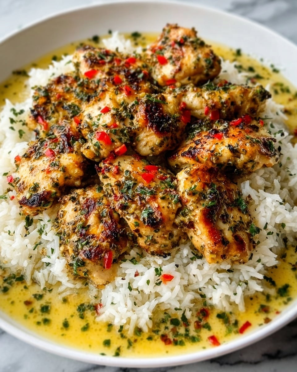 A white plate holds a bed of fluffy white rice with a slightly glossy texture, topped with eight pieces of golden-brown grilled chicken. The chicken has a crispy, slightly charred surface with herbs and red pepper flakes sprinkled on top, adding green and red specks. Around the rice and chicken is a creamy yellow sauce with a smooth texture, also dotted with herbs. The plate sits on a white marbled surface. photo taken with an iphone --ar 4:5 --v 7