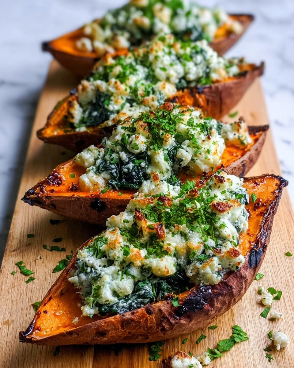 The image shows four roasted sweet potato halves placed closely together on a wooden board. Each sweet potato half is a rich orange color with a slightly crispy, browned skin on the outside. Inside, they are filled with a green, creamy spinach layer topped with crumbly, white cheese that is lightly browned and sprinkled with finely chopped fresh parsley. The cheese and spinach mixture forms a textured, uneven layer that contrasts with the smooth sweet potato base, and small flecks of seasoning are visible on top. The wooden board is scattered with bits of fresh parsley, adding a fresh touch to the warm, hearty dish. photo taken with an iphone --ar 4:5 --v 7