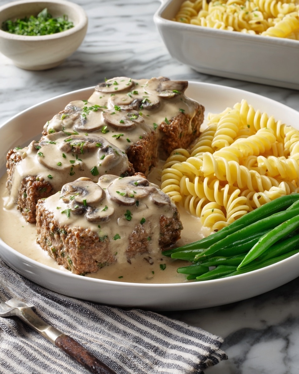 A large white plate holds a meal with four thick, square pieces of meatloaf, each covered in creamy mushroom sauce with visible slices of mushrooms and sprinkled with green herbs. Behind the meat, spiral-shaped yellow pasta is neatly arranged in a row, showing its smooth, soft texture. To the right of the meatloaf is a small pile of bright green cooked green beans, adding a fresh contrast to the creamy and brown tones of the meat and sauce. The plate sits on a white marbled surface, with a fork and a striped cloth napkin next to it. In the background, there is a white bowl with green herbs and a rectangular white dish filled with more pasta. Photo taken with an iphone --ar 4:5 --v 7