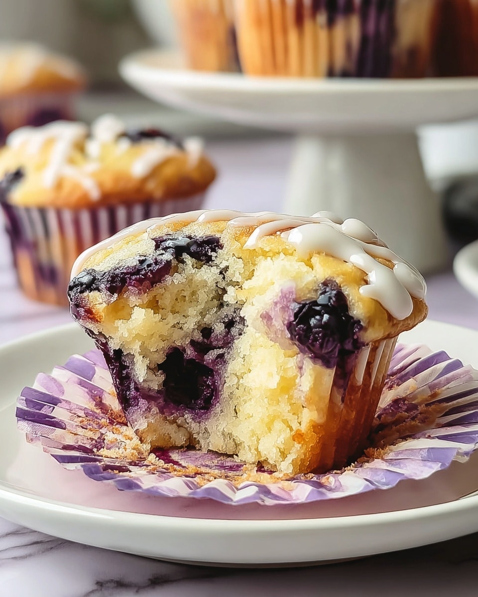 A close-up of a blueberry muffin with a bite taken out showing three main layers: the golden-brown crusty top with small drizzles of white icing, the soft yellow cake inside mixed with juicy dark purple blueberries, and the muffin liner wrapping the bottom with purple and white stripes. The muffin sits on a white ridged plate with two more muffins blurred on a white cake stand in the background, all set on a white marbled texture. Photo taken with an iphone --ar 4:5 --v 7