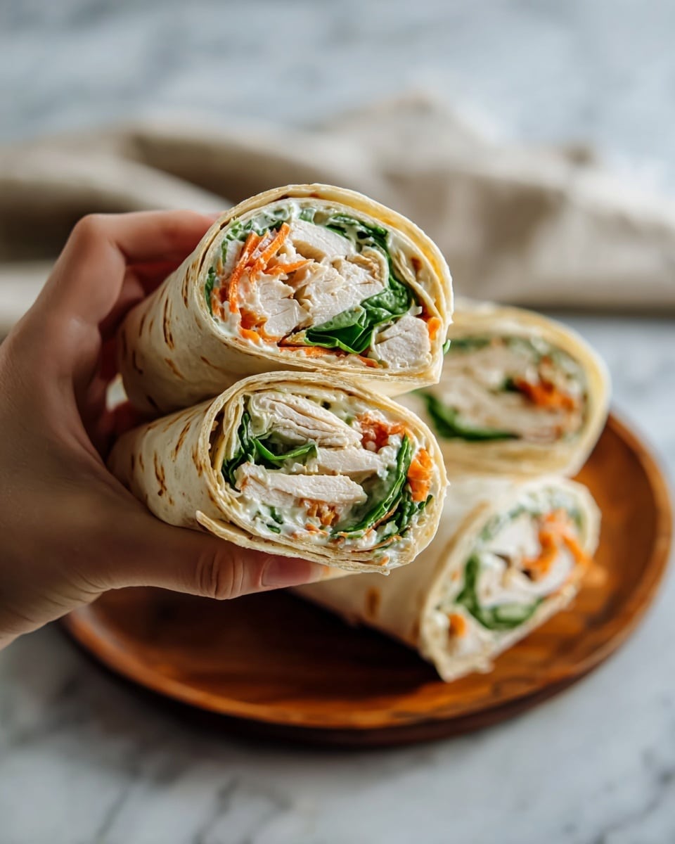 A stack of four wraps is arranged on a white wooden plate, with three wraps lying flat and one wrap placed on top in a pyramid shape. Each wrap is made with a light beige tortilla that shows small brown toasted spots. Inside, there is a creamy white filling mixed with small pieces of bright orange and red bits, along with green leafy vegetables, visible through the open ends. The texture of the filling looks soft and creamy with bits of herbs mixed in. The plate sits on a gray cloth on a white marbled surface, with a small white bowl of shredded orange carrots visible beside it. In the background, there is a blurred white vase holding tiny white flowers. Photo taken with an iphone --ar 4:5 --v 7