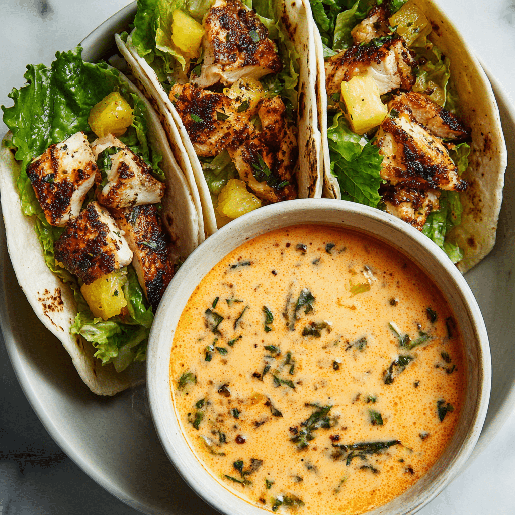 The image shows three yellow corn taco shells standing upright in a row, each filled with two to three pieces of dark brown, grilled fish with a slightly charred texture. Underneath the fish is a layer of green cilantro leaves and a bed of shredded purple cabbage, creating a colorful base. Each taco is topped with a creamy light pink sauce drizzled unevenly over the fish, and tiny white cheese crumbles are sprinkled on top. To the left of the tacos, there are two lime wedges and some fresh cilantro, while a white bowl filled with grain-like couscous sits behind them. All items rest on a white marbled textured surface. Photo taken with an iphone --ar 4:5 --v 7