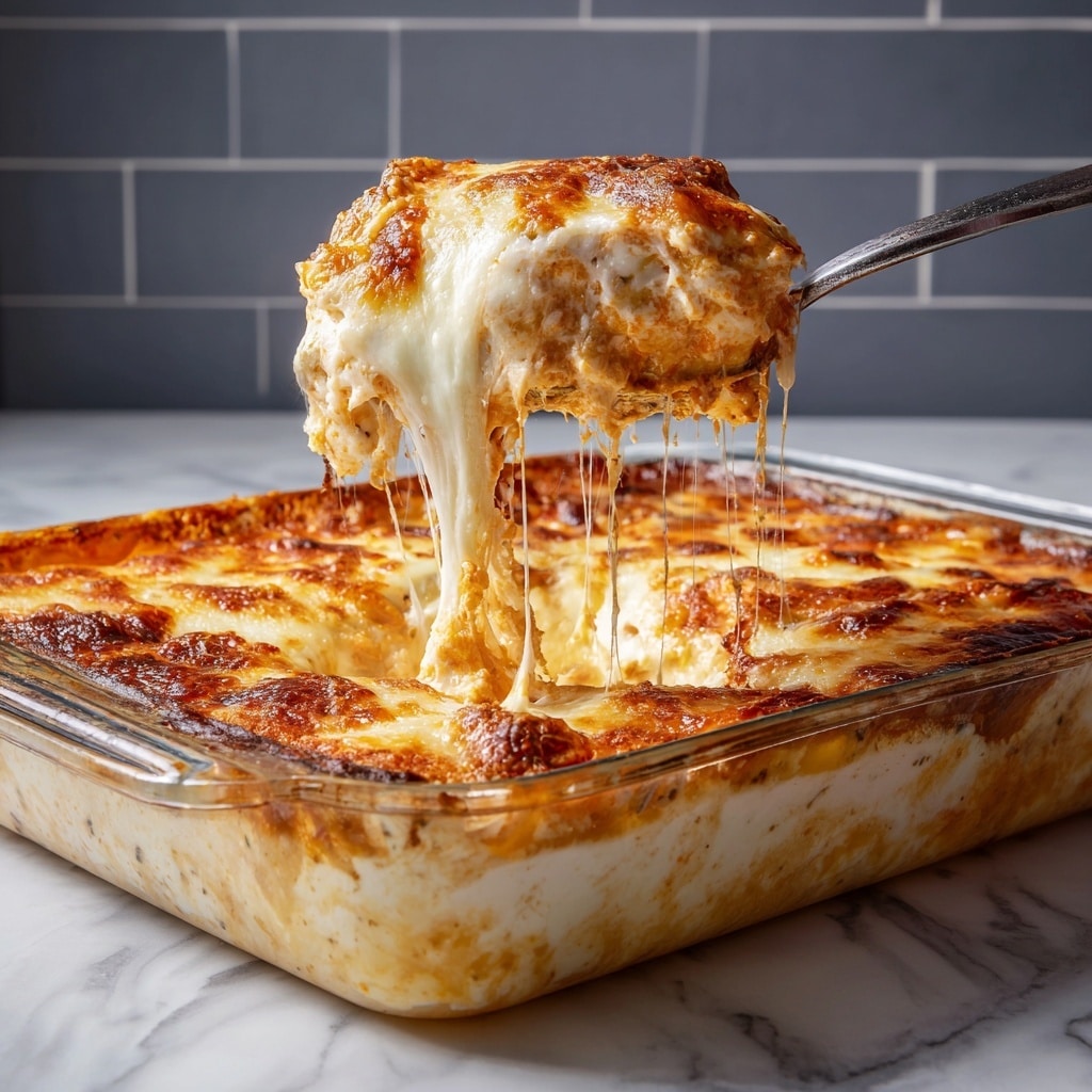 A large spoon lifts a bubbling, cheesy baked dish from a clear glass casserole dish sitting on a white marbled surface. The dish features a top layer of melted, golden-brown cheese that is gooey and stringy as it stretches from the casserole to the spoon. Below the cheese is a rich, thick layer of reddish-brown sauce mixed with cheese and possibly meat, showing a rough texture with some darker baked spots. The layers look thick and well-cooked, with the melted cheese forming small crispy patches on the top. The background has white tiled walls, and the whole presentation focuses closely on the hot, cheesy, textured scoop of the dish. photo taken with an iphone --ar 4:5 --v 7