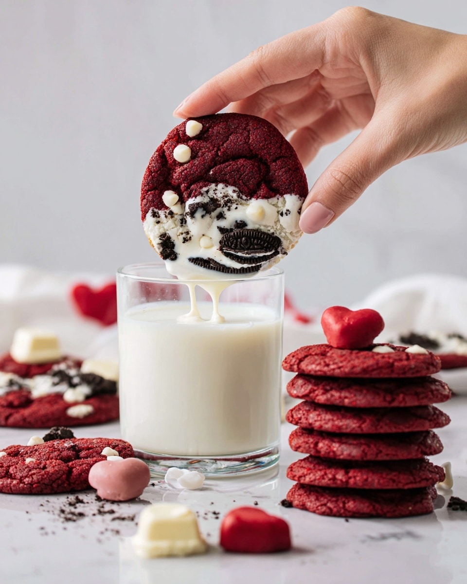 The image shows round red velvet cookies with chunks of dark chocolate sandwich cookies embedded on top, revealing the white cream filling inside. The cookies have a soft texture and are sprinkled with white chocolate chips scattered unevenly across the surface. Whole and halved chocolate sandwich cookies are placed around the red cookies, along with a heart-shaped piece of chocolate, all laid out on white parchment paper with a white marbled background. photo taken with an iphone --ar 4:5 --v 7