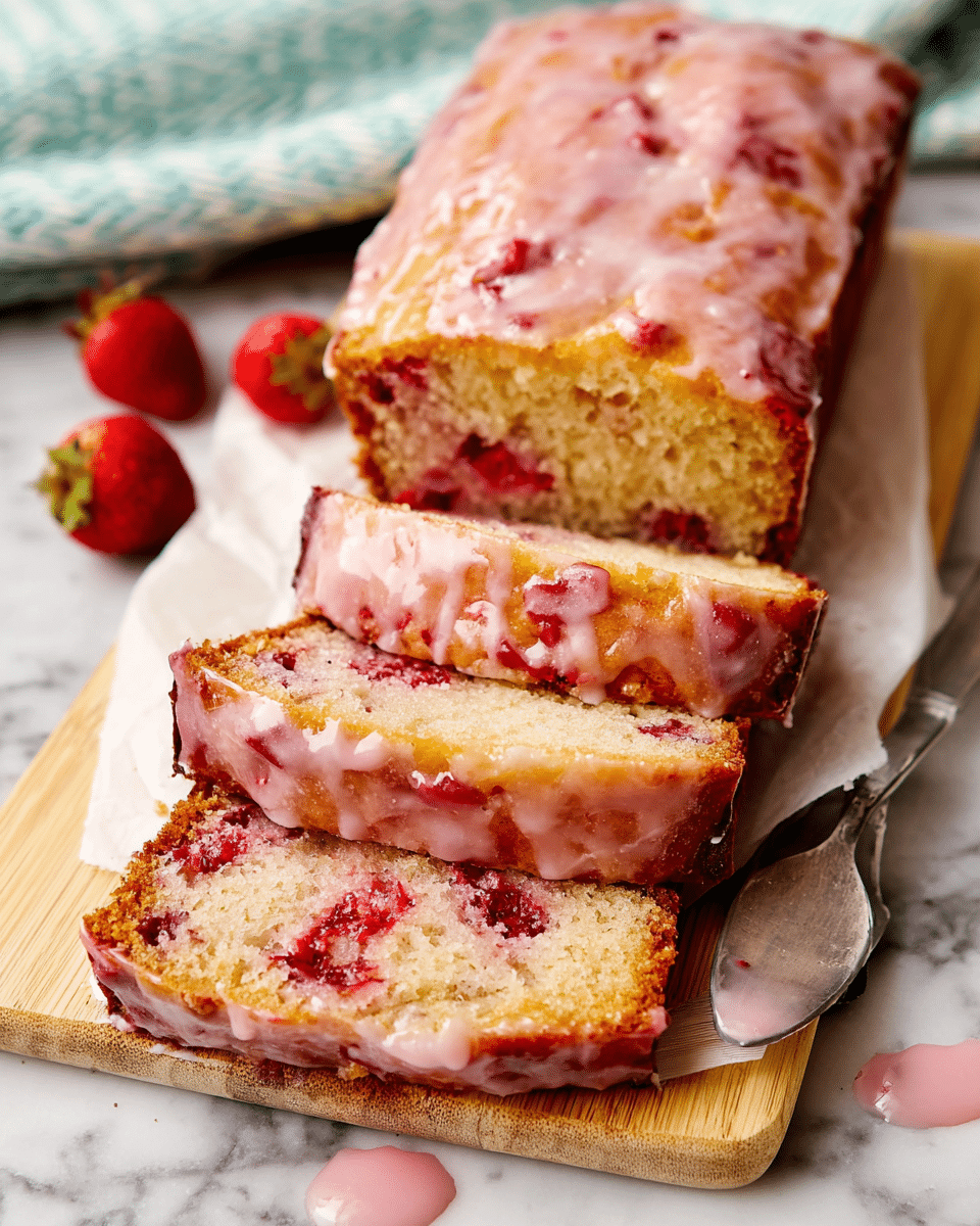 A slice of yellow cake with visible bits of red strawberries mixed inside sits on a white scalloped plate, surrounded by layers of light pink strawberry glaze covering the sides. Two halves of fresh red strawberries with green tops rest behind the cake slice on the plate. A silver fork sits next to the cake on the right side of the plate. The scene is set on a white marbled surface, with a turquoise cloth featuring a white flower pattern near the plate, and a white container with whole strawberries partially visible in the top left corner. In the top right corner, a wooden board holds more slices of the same cake. Photo taken with an iphone --ar 4:5 --v 7