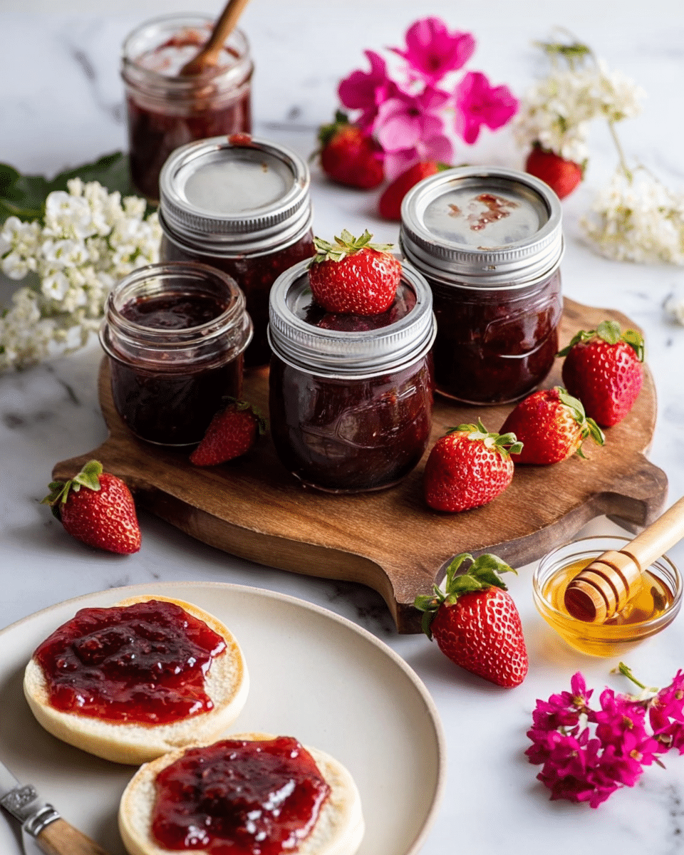 The image shows small white plates with two English muffin halves, each spread with a shiny layer of bright red strawberry jam on top. Near the plate, there are fresh red strawberries scattered around, adding a pop of color. To the side, there is a small clear jar filled with dark red strawberry jam, with a silver lid nearby. In the background, three more jars filled with the same red jam are placed on a wooden board, one jar topped with a fresh strawberry. All this is set on a white marbled surface with a soft natural light. photo taken with an iphone --ar 4:5 --v 7