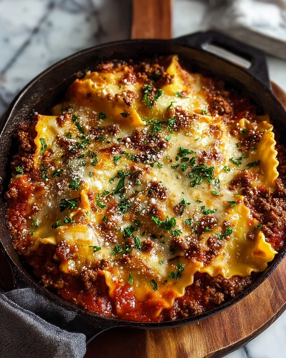 A close-up view of a cooked lasagna in a black cast iron skillet placed on a white marbled surface. The lasagna has about four visible layers: the bottom layer shows a rich, chunky brown meat sauce mixed with visible tomato bits; above it rests a smooth, bright orange-yellow pasta sheet with wavy edges; the next layer is a melted, bubbly mozzarella cheese topping that is golden brown and slightly crispy in spots; the top is sprinkled with small white grated cheese and chopped fresh green parsley scattered evenly, adding color contrast. A small section is cut out revealing the layers inside clearly. photo taken with an iphone --ar 4:5 --v 7