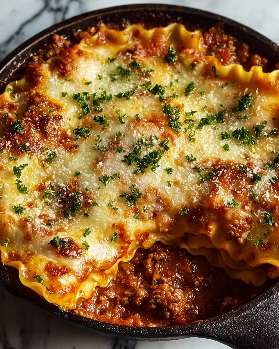 This image shows a sizzling cast iron skillet filled with a layered lasagna dish. The bottom layer is a bright red tomato sauce with visible chunks of browned ground meat, covered by several wide, flat yellowish lasagna noodles that peek out along the edges. On top of the noodles is a generous layer of melted, golden-brown cheese with bubbly spots, sprinkled with small white cheese crumbs and chopped fresh green herbs. The skillet sits on a wooden board, with a gray cloth in the background on a white marbled surface. Photo taken with an iphone --ar 4:5 --v 7