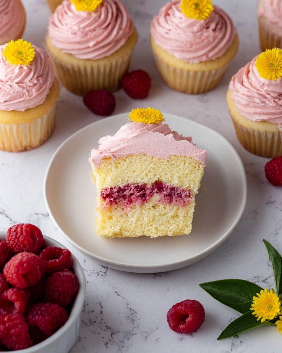 The image shows a white plate with a single cupcake cut in half, revealing three layers: a pale yellow sponge base, a thick creamy pale yellow filling in the middle, and a top layer of pink raspberry frosting with a light, slightly textured surface, decorated with a small yellow flower on top. Around the plate are whole cupcakes with the same pink frosting, each topped with either a yellow flower or a raspberry. At the bottom left corner, there is a white bowl filled with fresh red raspberries and a sprig of green leaves with a small yellow flower. The background is a white marbled surface. photo taken with an iphone --ar 4:5 --v 7