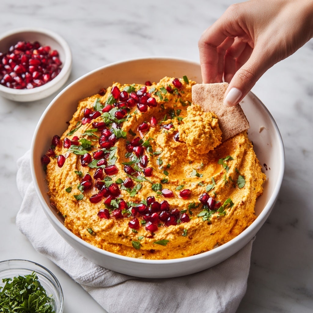 A white bowl filled with a thick, bright orange dip that has a slightly rough texture, swirled in a circular motion on top. Scattered across the dip are shiny, dark red pomegranate seeds and small pieces of chopped green herbs that add contrast. There is a small pool of golden oil in some of the swirled grooves. Around the bowl, on a white marbled surface, there is a small white bowl filled with more pomegranate seeds, a silver spoon, chopped green herbs in another small white bowl, a piece of flatbread partly visible, and a cream-colored cloth with blue and gray stripes. photo taken with an iphone --ar 4:5 --v 7