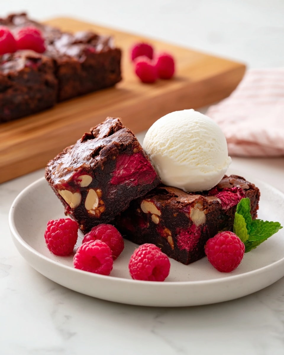 A square chocolate brownie is cut into nine smaller squares, placed on a wooden cutting board with a white marbled texture in the background. The brownie top is dark brown with a slightly cracked and glossy surface. Each small square is decorated with bright red raspberries, glossy dark chocolate chunks, and brown pecan halves, evenly spread across the top. One square in the corner is removed, showing the dense, fudgy texture inside that is dark brown. Photo taken with an iphone --ar 4:5 --v 7