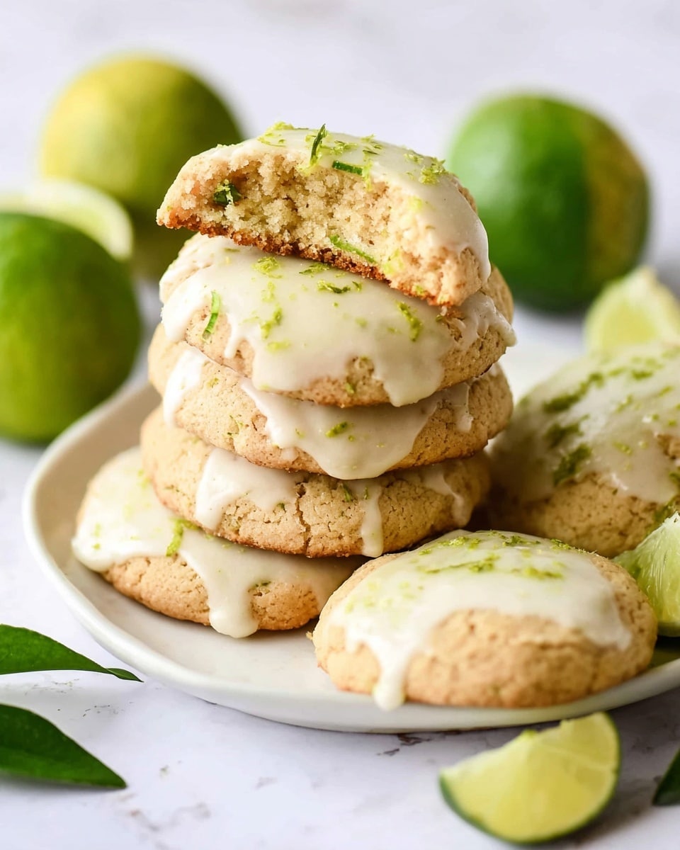 A stack of three round cookies is on a white plate with a white marbled texture background; each cookie is golden brown with a crumbly texture and is thick and soft-looking. The top cookie is covered with a smooth white icing that drips slightly down the sides, sprinkled with small green lime zest pieces, with one larger zest piece on top. There is another smaller stack of two cookies with the same icing in the background, and whole green limes are slightly blurred behind them. Photo taken with an iphone --ar 4:5 --v 7