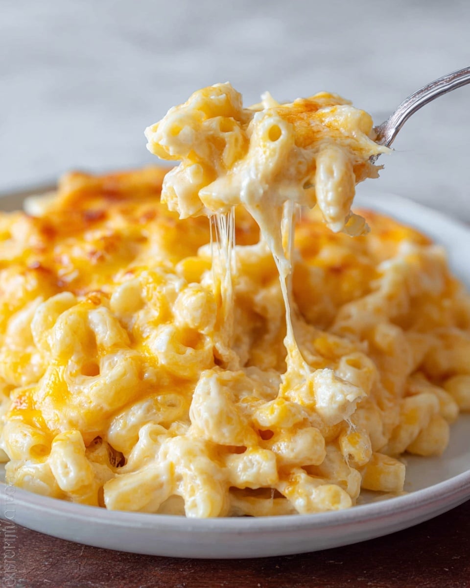 A white rectangular baking dish filled with creamy baked macaroni and cheese, showing a golden brown top layer with small darker spots from the baked cheese. The top layer is bubbly with melted cheddar cheese that is slightly browned on the surface. Underneath, the macaroni pasta is coated in a creamy cheese sauce, pale yellow in color and smooth in texture. Part of the macaroni and cheese has been scooped out with a metal spoon resting inside, showing the soft pasta and thick sauce below the crust. The dish is placed on a white marbled surface with a dark cloth partially visible underneath, photo taken with an iphone --ar 4:5 --v 7