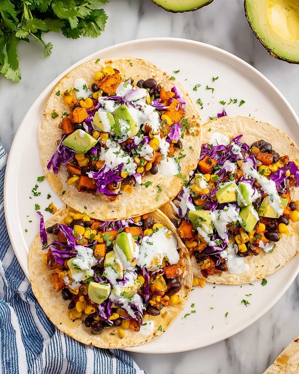 A soft, grilled small flatbread taco held by a woman's hand filled with several colorful layers: the base layer is a mix of black beans and yellow corn, followed by bright orange roasted sweet potato cubes, and topped with pale green avocado chunks and thin strips of purple cabbage. A white creamy sauce is drizzled over the top and sprinkled with finely chopped fresh green herbs. The background is a white marbled surface with blurred items in soft focus. photo taken with an iphone --ar 4:5 --v 7