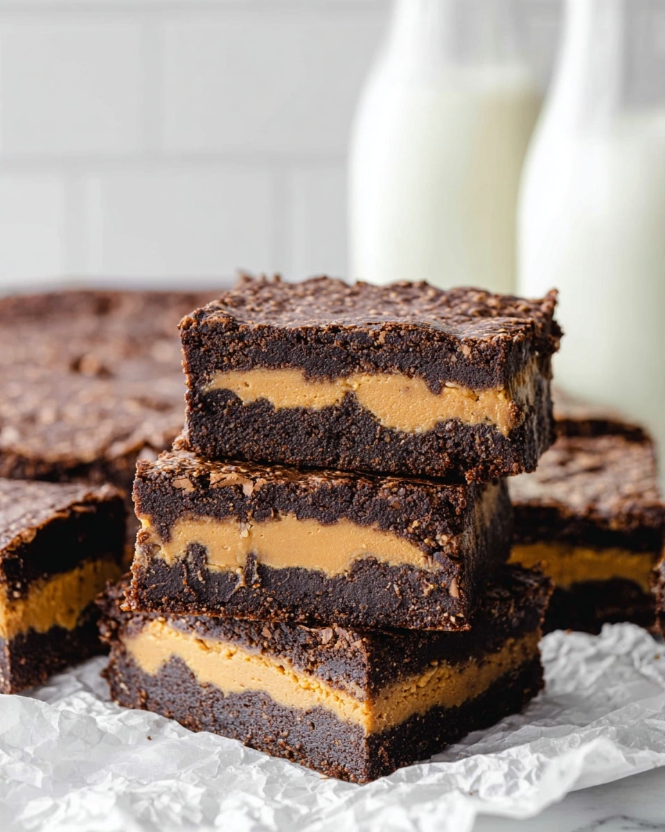 A top-down view of a freshly baked rectangular peanut butter swirl brownie in a black baking pan lined with parchment paper, showing a rich, dark brown base with lighter brown, smooth peanut butter swirls creating a marbled pattern on the top layer, all resting on a white marbled texture surface. Nearby, there are unwrapped round peanut butter cup candies and an orange peanut butter candy wrapper, adding pops of color around the pan. A white cloth with black grid lines is placed underneath the pan on the bottom left side. photo taken with an iphone --ar 4:5 --v 7