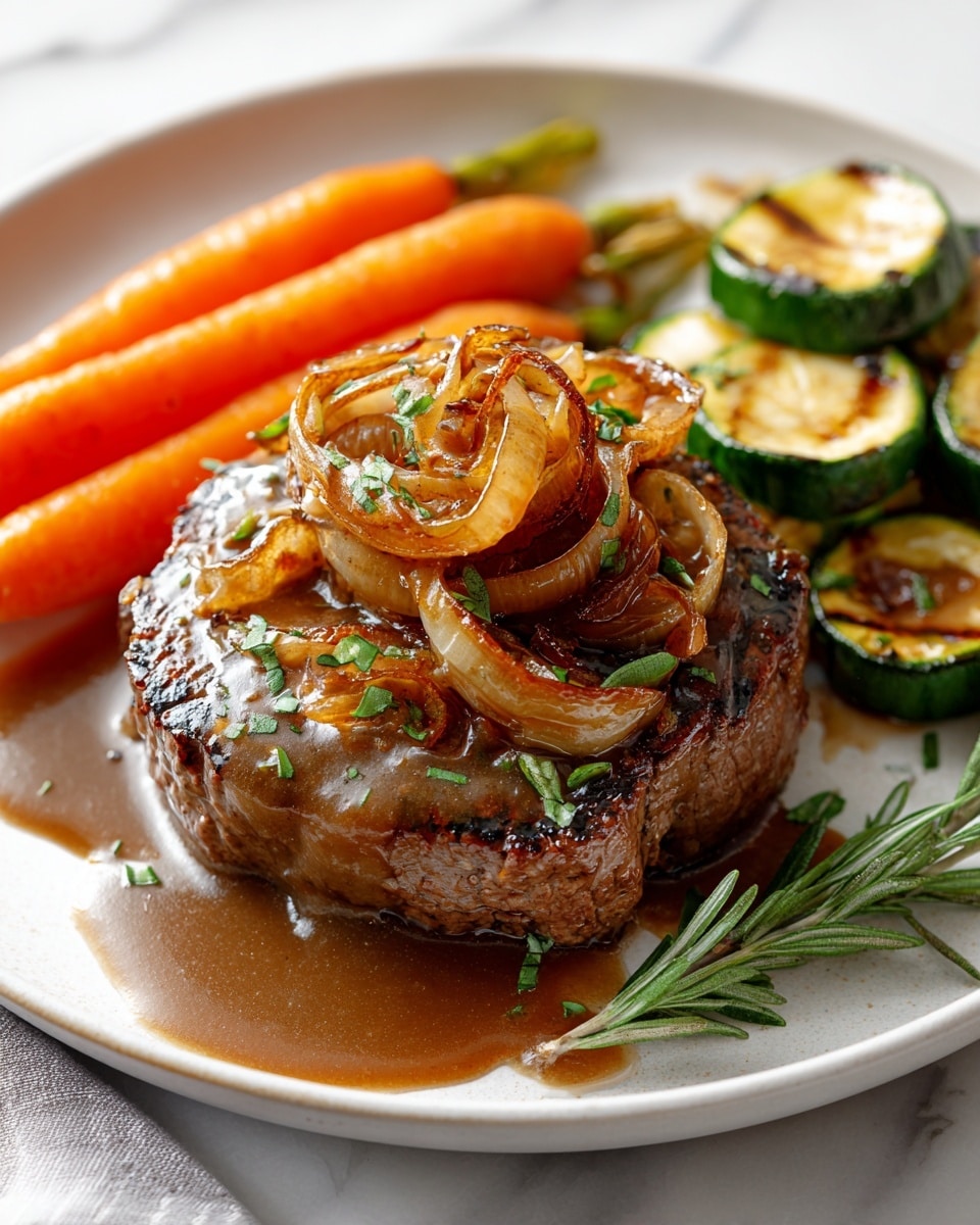 A thick, round grilled steak sits at the center of a white plate, covered with a glossy brown gravy that flows onto the plate. On top of the steak, there are golden-brown caramelized onion rings sprinkled with fresh green herbs. Behind the steak, there are bright orange steamed whole baby carrots with green tops. To the right of the steak, grilled zucchini slices with char marks and a shiny texture are scattered, with a sprig of fresh rosemary resting beside them. The plate is set on a white marbled surface. photo taken with an iphone --ar 4:5 --v 7