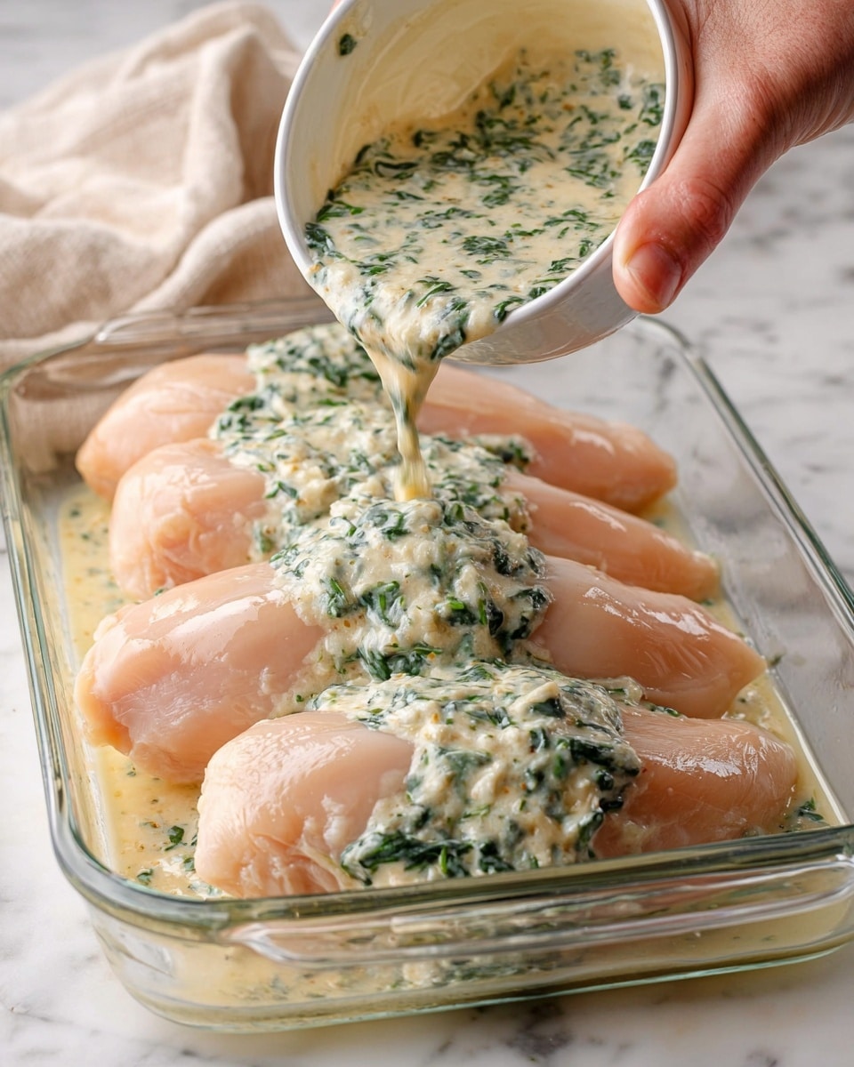 A woman's hand is pouring a creamy mixture with green spinach bits over four raw chicken breasts placed side by side in a clear glass baking dish. The chicken breasts are pale pink and smooth with slight moisture, and the thick sauce, light beige with specks of dark green, cascades evenly over the middle two chicken pieces. The scene is set on a white marbled surface, and a beige cloth is softly blurred in the background. photo taken with an iphone --ar 4:5 --v 7