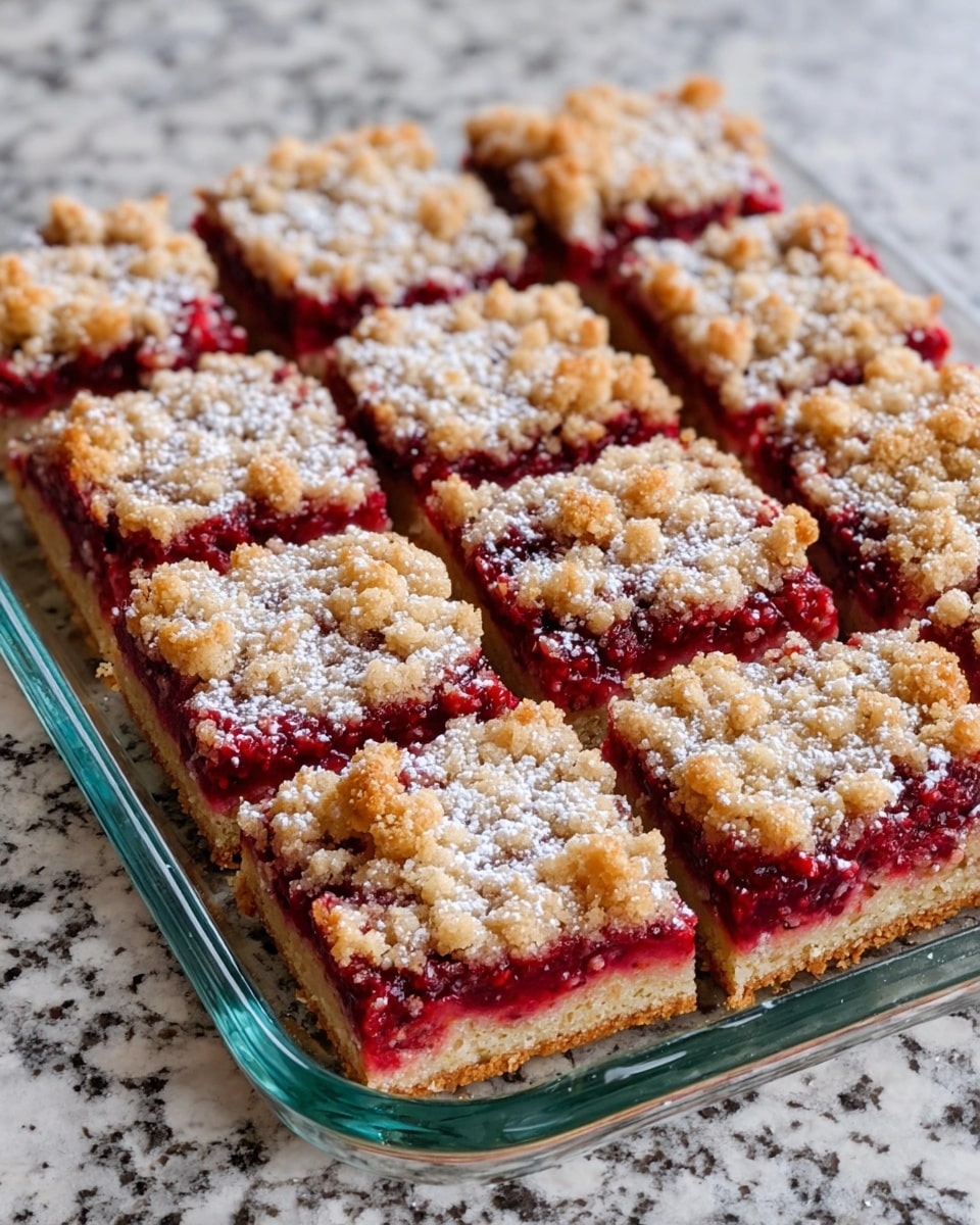 The image shows a glass baking dish holding nine square slices of crumb-topped berry bars arranged in three rows. Each square has three visible layers: a light golden-brown crumbly base, a thick middle layer of bright red berry filling with visible seeds and small chunks, and a top layer of golden crumb clusters sprinkled with powdered sugar. The bars have a rough texture on top with uneven crumb pieces, and the berry layer looks juicy and dense. The dish is set on a white marbled surface. Photo taken with an iphone --ar 4:5 --v 7
