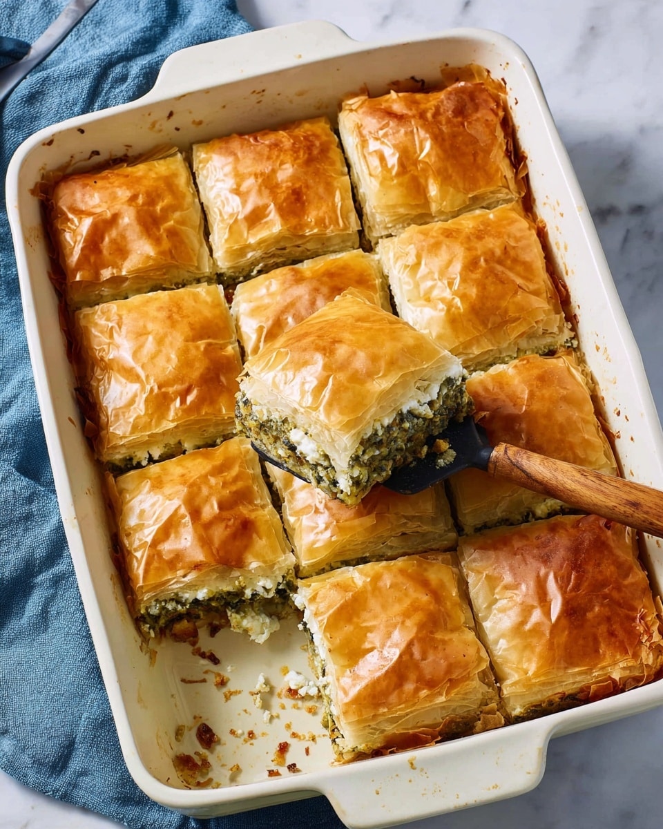 Two square pieces of spinach and cheese pie are placed on a light pink plate with a pale rim, one piece slightly leaning over the other. Each piece shows three layers: the top and bottom are thin, golden-brown, crisp filo pastry sheets with a textured, flaky surface, and the middle thick layer is a creamy, white and green mixture of spinach, herbs, and cheese, with small bits of red onion visible. The plate rests on a white marbled surface with a silver fork placed neatly beside the pies. In the background, a white baking dish filled with more pie cut into squares can be seen, along with a sprig of fresh green dill and a beige cloth nearby. Photo taken with an iphone --ar 4:5 --v 7