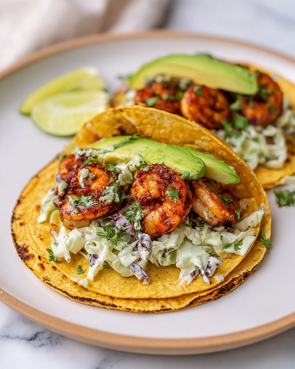 A close-up of a shrimp taco held by a woman's hand. The taco has three layers: the bottom layer is a toasted yellow corn tortilla with a slightly rough texture, the middle layer has grilled shrimp coated in herbs and a reddish seasoning, and the top layer includes shredded white cabbage mixed with green herbs and a side slice of fresh green avocado. In the background, another similar taco and a white bowl with a creamy white and green mixed sauce can be seen on a white marbled surface. photo taken with an iphone --ar 4:5 --v 7