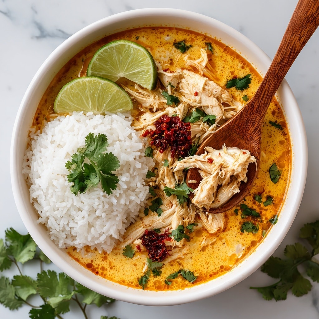 A white bowl filled with a creamy orange soup base, topped with tender white chicken slices arranged on one side, a small mound of fluffy white rice on another side, and fresh green cilantro leaves scattered across. Two bright green lime wedges rest on one edge of the bowl, alongside a small dollop of red chili sauce adding contrast. A dark brown spoon is partially submerged in the soup. The bowl is placed on a white marbled surface. Photo taken with an iphone --ar 4:5 --v 7