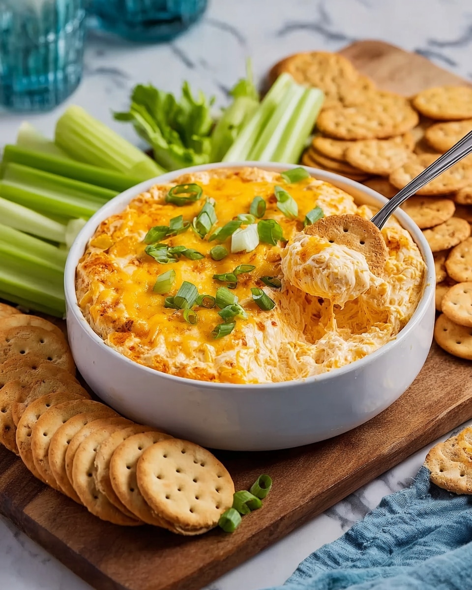 A round white bowl filled with a hot, baked dip that has a golden-orange melted cheese layer on top, slightly browned at the edges, and garnished with chopped green onions in the center. Inside the bowl, a silver spoon scoops up some of the creamy, textured dip revealing a mix of melted cheese and other ingredients. Surrounding the bowl on a wooden board are fresh celery sticks in bright green and square light brown crackers. The setting is on a white marbled surface with a hint of a blue cloth nearby. photo taken with an iphone --ar 4:5 --v 7
