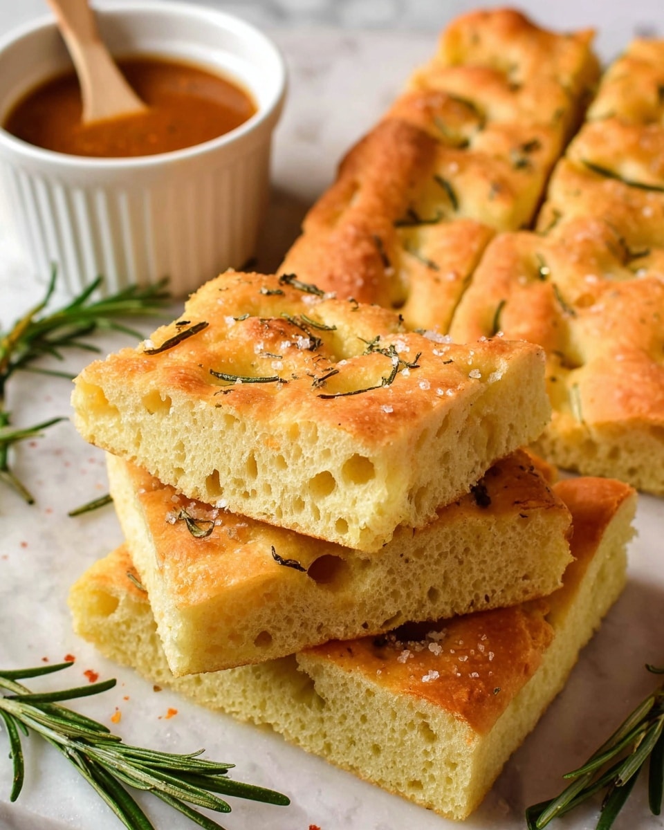The image shows four thick rectangular pieces of golden brown focaccia bread with a slightly rough texture, sprinkled with green herbs and coarse salt on top. Two pieces are placed flat on a white marbled surface, while two pieces are standing upright, displaying a soft, airy inside with visible air pockets. Small green herb sprigs and a small white bowl with red sauce are placed near the bread, all set on a light brown parchment paper over the white marbled surface. Photo taken with an iphone --ar 4:5 --v 7