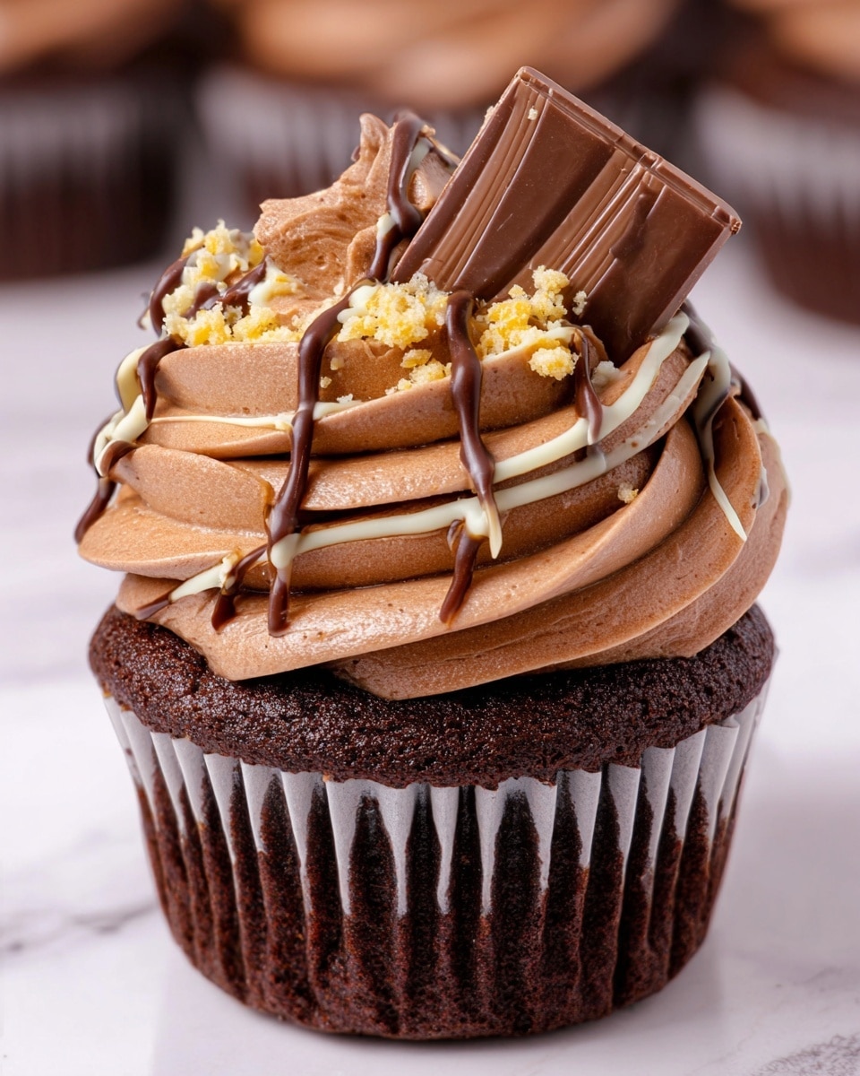 A rich dark brown chocolate cupcake with a soft, moist texture forms the base, topped with one thick, swirled layer of smooth, light brown chocolate frosting. On top of the frosting, there are thin drizzles of both dark and white chocolate, creating a contrasting pattern. Small light yellow crumb bits are sprinkled around the frosting’s edges, and at the very top sits a square piece of chocolate candy decorated with thin dark chocolate lines. The cupcake is wrapped in a white paper liner and placed on a white marbled surface. photo taken with an iphone --ar 4:5 --v 7