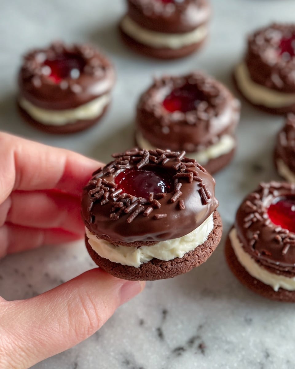 A close-up image of a small chocolate sandwich cookie with three layers, held by a woman's hand. The bottom layer is a dark brown, textured cookie base with a scalloped edge. The middle layer is thick, smooth, and creamy off-white filling, evenly piped and slightly wider than the cookie. The top layer is another dark brown cookie with a hole in the middle filled with glossy, deep red jelly, surrounded by a ring of chocolate shavings. In the background, more cookies of the same type are scattered on a white marbled surface. photo taken with an iphone --ar 4:5 --v 7