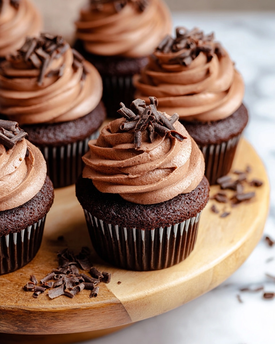 A close-up view of rich chocolate cupcakes arranged on a wooden stand, each cupcake showing three layers: a dark, moist chocolate cake base, a thick swirl of smooth, creamy milk chocolate frosting in the middle and on top, and topped with multiple small dark chocolate curls scattered over the frosting; one cupcake is cut in half revealing the dense cake texture and fluffy frosting layer, with additional chocolate curls placed around the stand on a white marbled surface, all under soft natural light, photo taken with an iphone --ar 4:5 --v 7