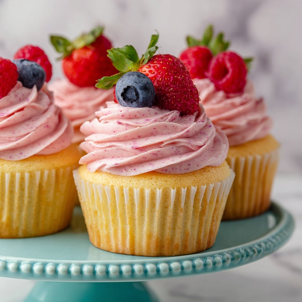 A close-up of a vanilla cupcake with one thick swirl of pink berry-flavored frosting on top that looks creamy with specks of berry seeds. On the frosting, there are three berries: a large bright red strawberry with green leaves, a vivid red raspberry, and a dark blue blueberry, each placed closely together at the center top. The cupcake is in a pale yellow paper liner, and it sits on a white plate with a soft light blue color. The background is a white marbled texture, softly blurred. photo taken with an iphone --ar 4:5 --v 7