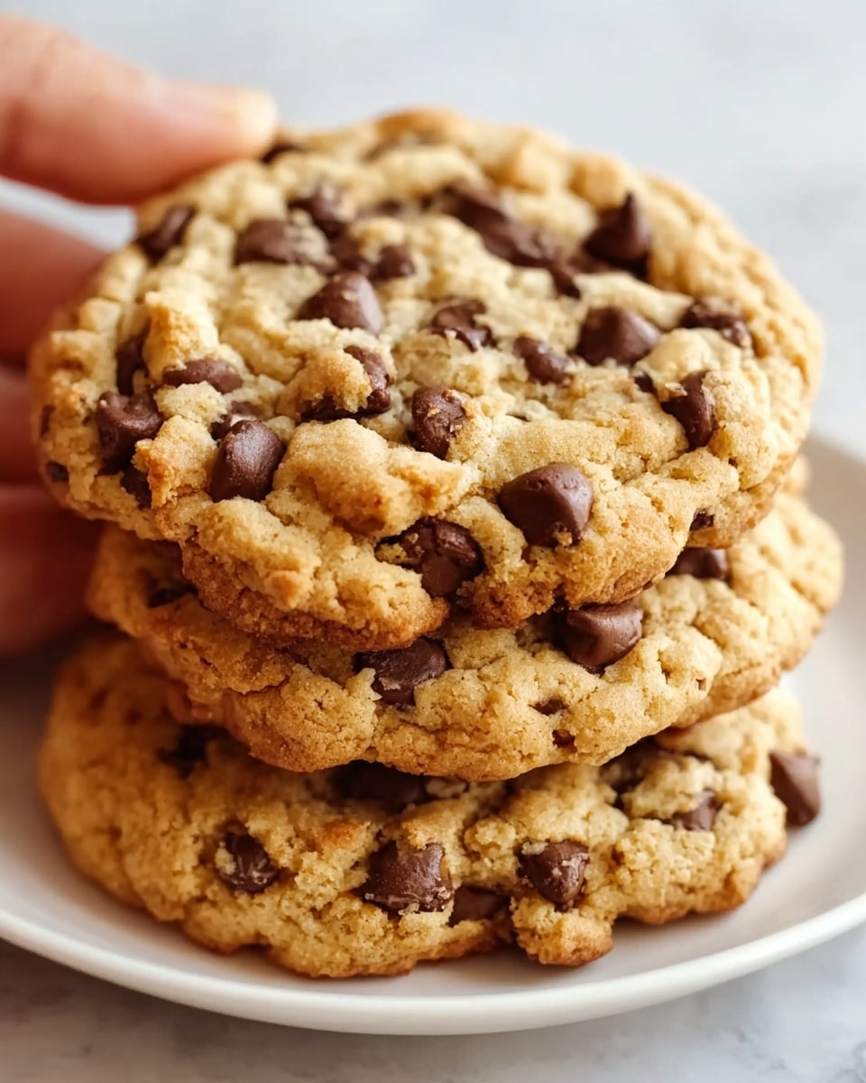 A close-up view of two chocolate chip cookies stacked on top of each other, with a woman's hand holding them gently from the side. The top cookie is golden-brown with a slightly crumbly texture and is studded with many dark brown chocolate chips scattered unevenly across the surface. The cookies have a soft and chunky appearance with slight cracks and ridges. They rest on a white plate set on a white marbled surface. Photo taken with an iphone --ar 4:5 --v 7