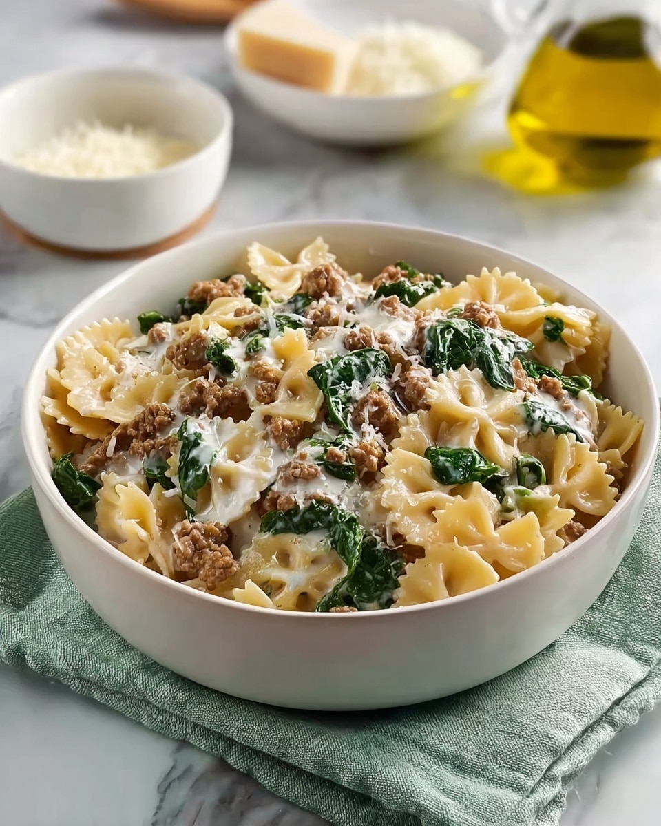 A white bowl filled with farfalle pasta mixed with cooked ground meat and wilted dark green spinach leaves. The pasta is coated in a creamy light beige sauce with visible specks of black pepper and herbs, giving it a slightly textured look. The farfalle pieces are spread evenly with some overlapping, and the spinach is scattered throughout the dish, adding color contrast. The bowl sits on a soft green cloth on top of a white marbled surface, with blurred background elements including a small white bowl of grated cheese and a bottle of olive oil. photo taken with an iphone --ar 4:5 --v 7