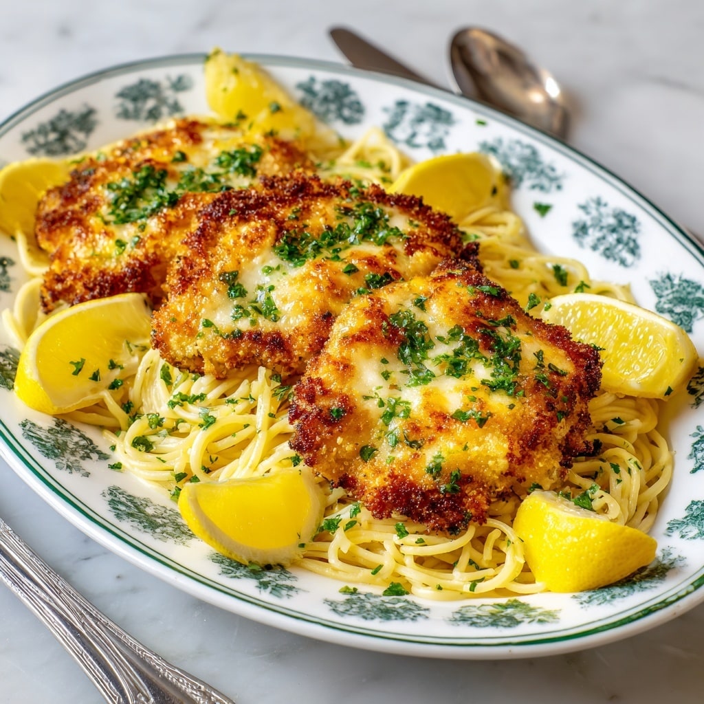 A white oval plate with a green and blue leaf pattern holds a bed of pale yellow cooked spaghetti noodles spread evenly as the bottom layer. On top are three golden brown, breaded chicken cutlets covered with a layer of bubbly, melted cheese browned in spots, garnished with small green parsley pieces. Around the edges of the plate are three bright yellow lemon wedges placed at intervals. The plate rests on a white marbled surface, with a silver spoon and knife near one side. Photo taken with an iphone --ar 4:5 --v 7