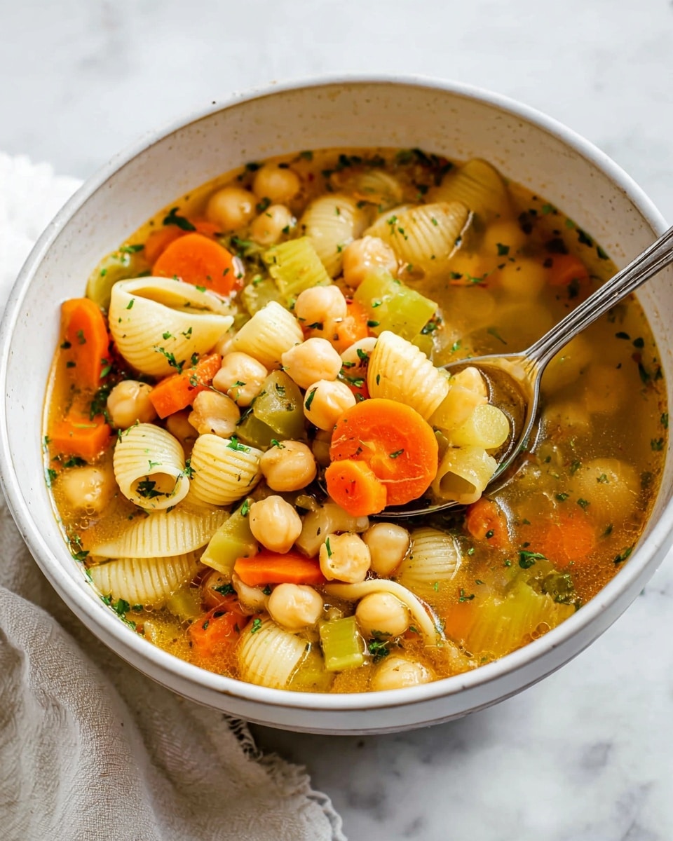 A white bowl filled with a colorful vegetable and pasta soup is placed on a white marbled surface with a white cloth beside it. The soup has three main layers: a light golden broth at the bottom, followed by a mix of large, soft chickpeas and bright orange carrot chunks, and green celery pieces scattered throughout. There are many pale yellow small shell pasta floating on top and mixed in. Some small green herb bits are sprinkled around. A silver spoon is resting inside the bowl, scooping up chickpeas, pasta shells, and a carrot piece. photo taken with an iphone --ar 4:5 --v 7