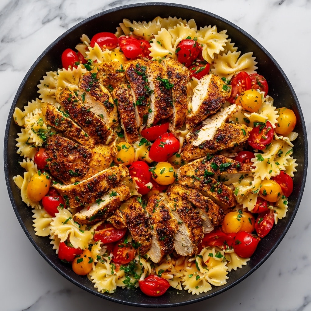 A close-up view of a skillet filled with a layered dish featuring four large, golden-brown grilled chicken breasts on top, showing a slightly charred texture. Underneath and mixed around the chicken are multiple layers of light beige farfalle pasta with a smooth, slightly glossy surface. Scattered throughout are halved cherry tomatoes in red, orange, and yellow colors, adding bright pops of color. Green leafy herbs and small pieces of white crumbled cheese are spread evenly across the dish, giving it a fresh and textured look. The skillet rests on a white marbled surface with a lemon and green herbs placed nearby. Photo taken with an iphone --ar 4:5 --v 7