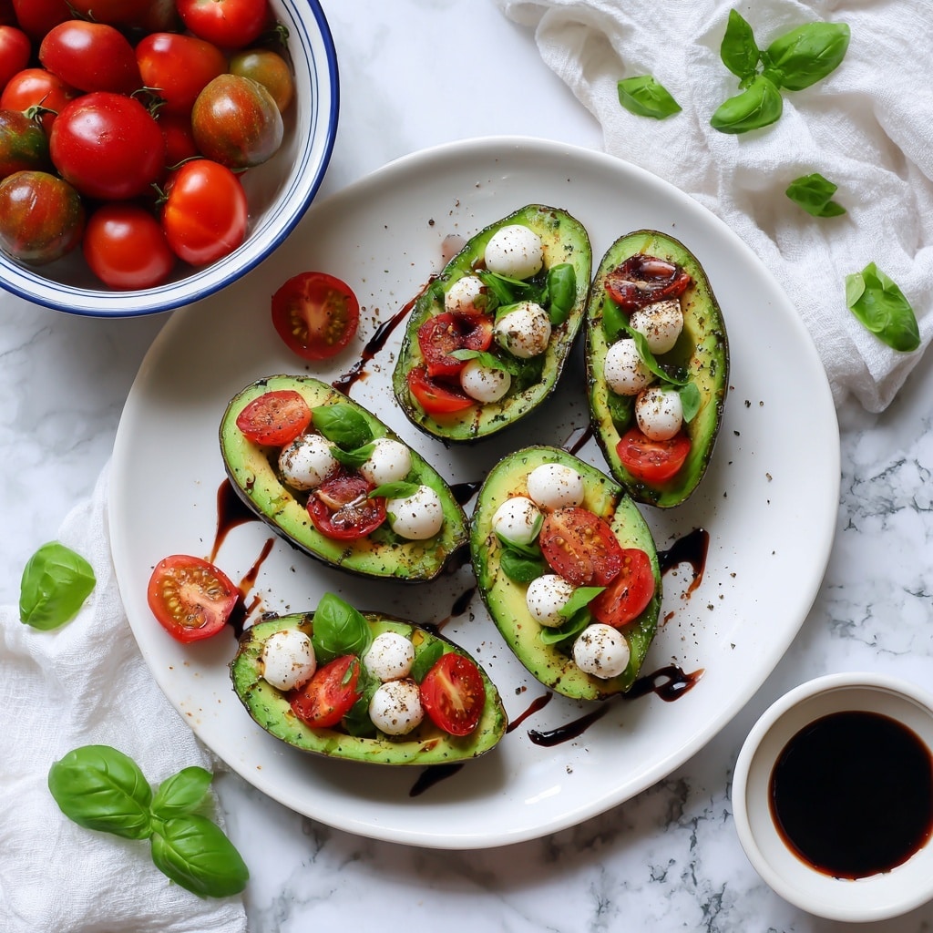 The image shows one half of an avocado on a white round cutting board, filled with a layered mix of small white mozzarella balls, halves of red cherry tomatoes, and green chopped herbs, drizzled with thick dark balsamic glaze and light olive oil, creating a bright and fresh look. Another empty avocado half sits beside it on the cutting board. Above, a white bowl holds more sliced avocado halves, and to the left, a clear glass bowl contains more of the mozzarella, tomato, and herb mixture in olive oil, all set on a white marbled surface. photo taken with an iphone --ar 4:5 --v 7