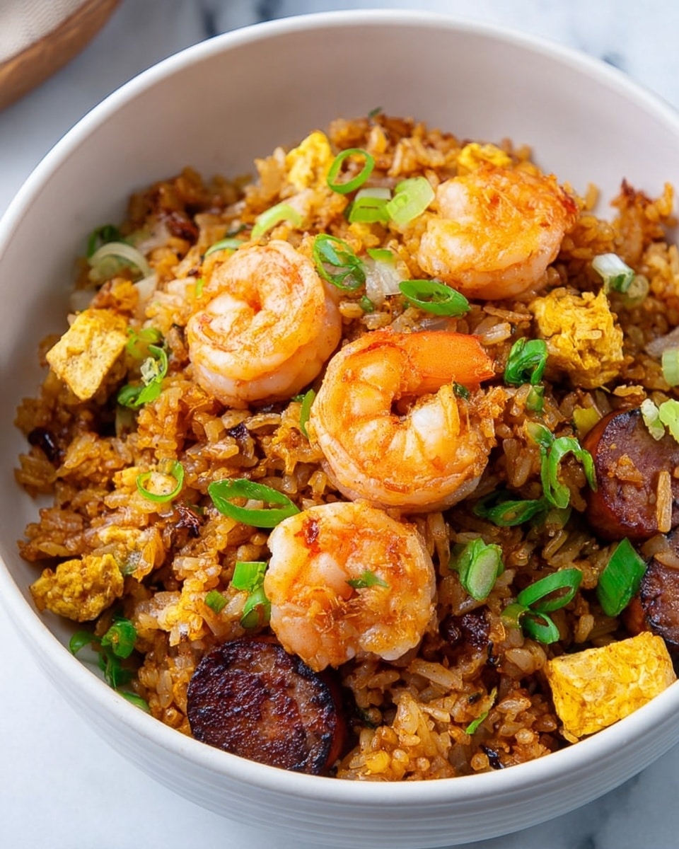 A close-up of a white bowl filled with fried rice, showing several plump orange shrimp on top, mixed with pieces of yellow fried egg and small chopped green onions scattered throughout. The rice is golden brown with bits of red chili flakes and finely chopped white onions visible, creating a textured look. A silver spoon holds a portion of the fried rice, prominently displaying one shrimp and a chunk of fried egg, held above the bowl by a woman's hand. The bowl sits on a white marbled surface with a soft blur in the background. photo taken with an iphone --ar 4:5 --v 7