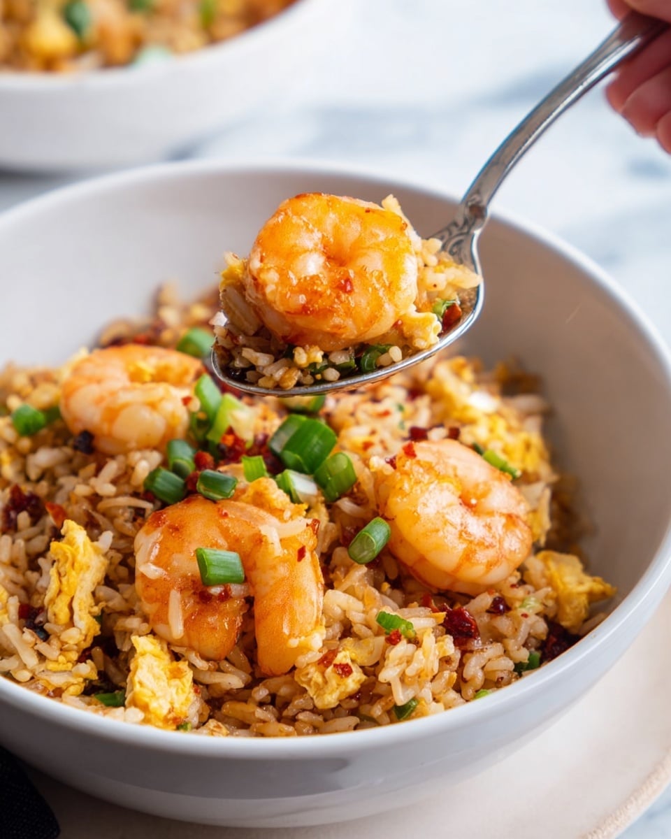 A close-up view of a white bowl filled with shrimp fried rice, showing three large orange shrimp with vivid texture on top, mixed with golden-brown fried rice scattered with dark brown sausage slices, small yellow tofu cubes, and bits of light green scallions evenly spread throughout. The rice has a shiny, slightly oily texture, while the shrimp appear plump and juicy with a mix of curled shapes. The bowl sits on a white marbled surface with soft natural light highlighting the colors and textures, making the dish look fresh and inviting. Photo taken with an iphone --ar 4:5 --v 7